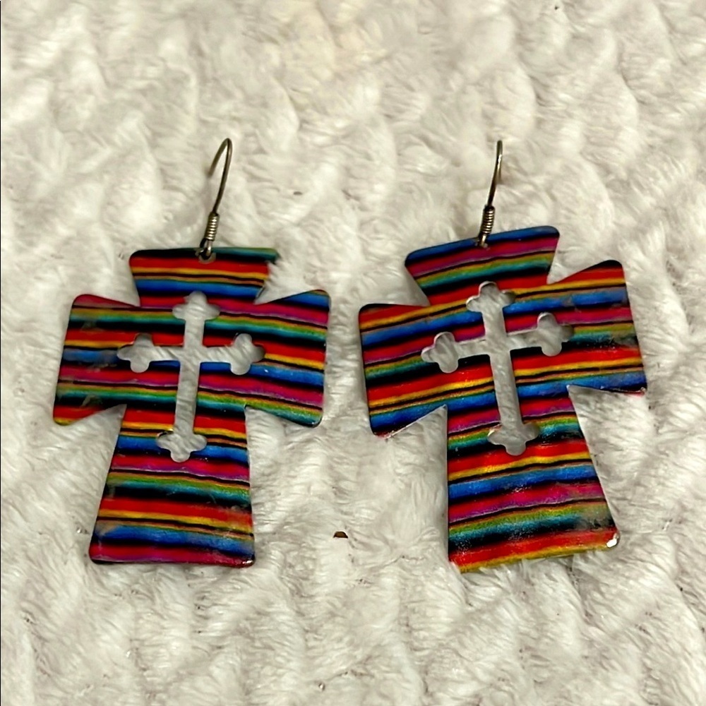Colorful Striped Cross Earrings Western Flare - Picture 1 of 3